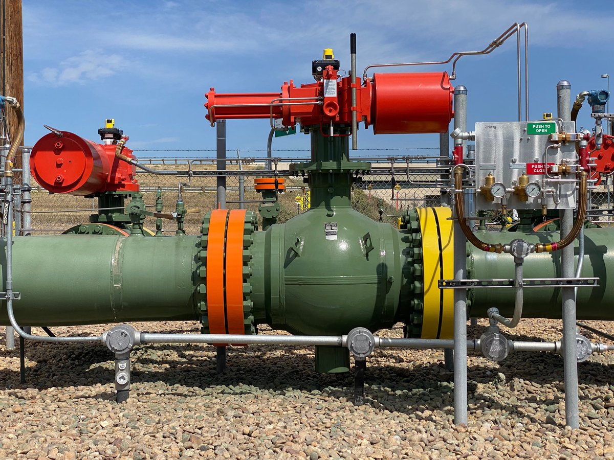 A Natural Gas shut-off valve is seen as the pipeline emerges from below ground. This Station allows the flow of gas to be controlled remotely.