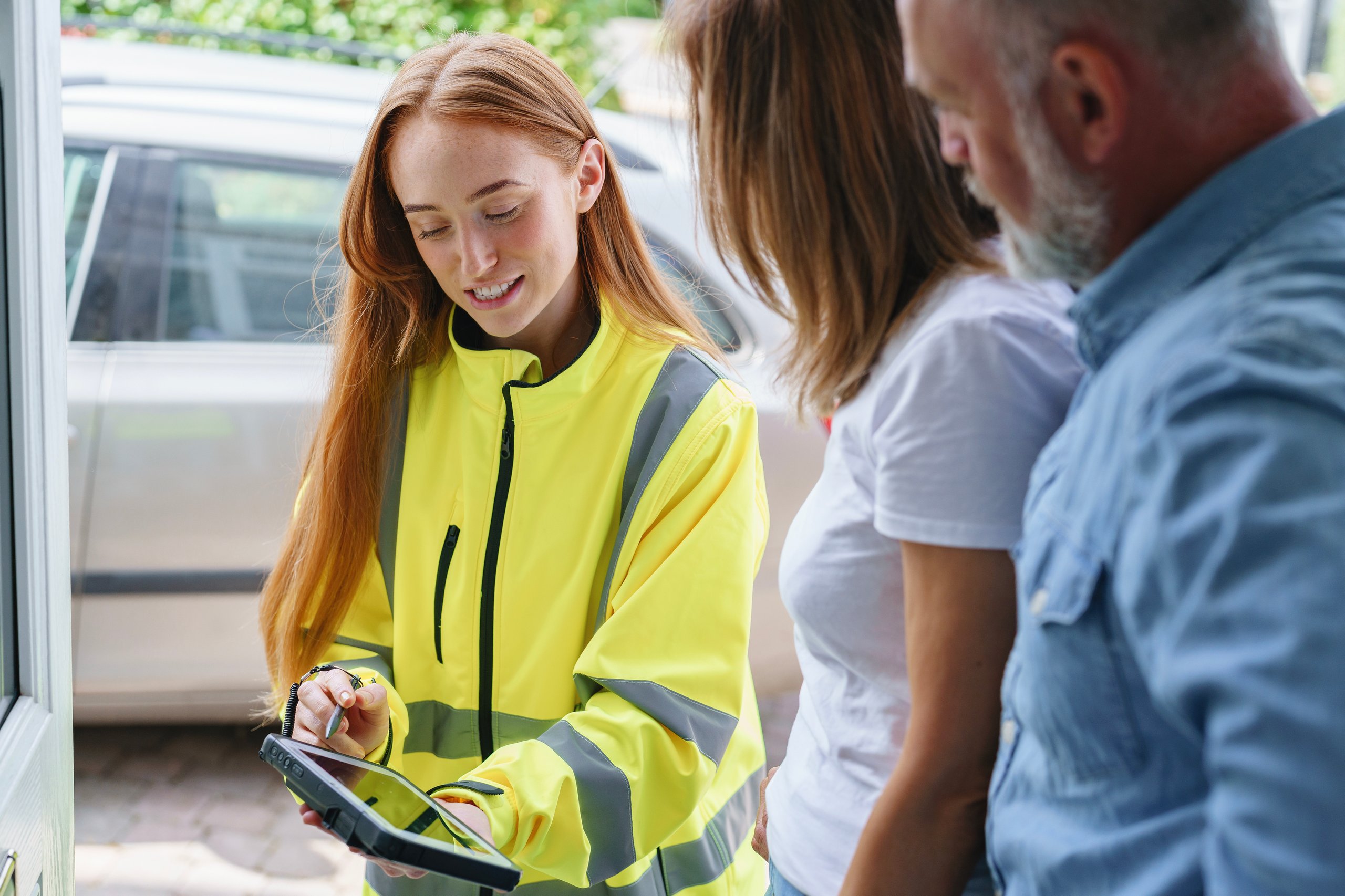 Utility worker assists couple with service inquiry at their home