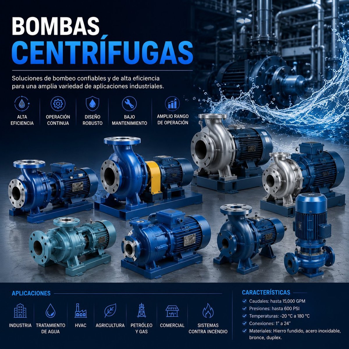 Product display of various blue industrial centrifugal pumps with specifications and application icons for manufacturing, water treatment, and oil industries.