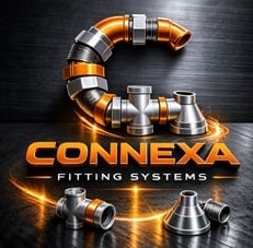 Connexa Fitting Systems logo featuring metallic pipe fittings arranged in a C shape with orange accents on dark background
