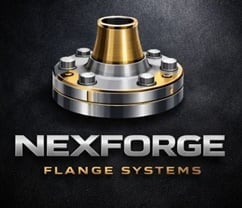 Nexforge Flange Systems logo featuring a metallic flange with gold and silver components on dark background