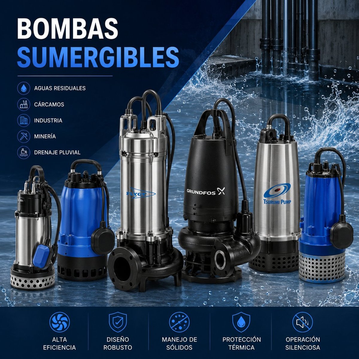 Collection of submersible water pumps in stainless steel and blue, with application icons for wastewater, construction, industry, mining, and drainage.