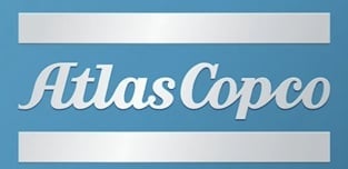 Atlas Copco logo on blue background with white horizontal bars