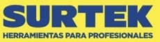 Surtek logo with yellow background and blue text, Spanish tagline for professional tools