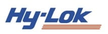 Hy-Lok logo featuring blue text with orange and red horizontal lines