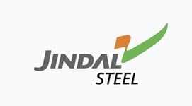 Jindal Steel logo featuring company name with orange square and green upward curved line
