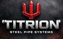 Titrion Steel Pipe Systems logo featuring a red arrow-like symbol on dark textured background