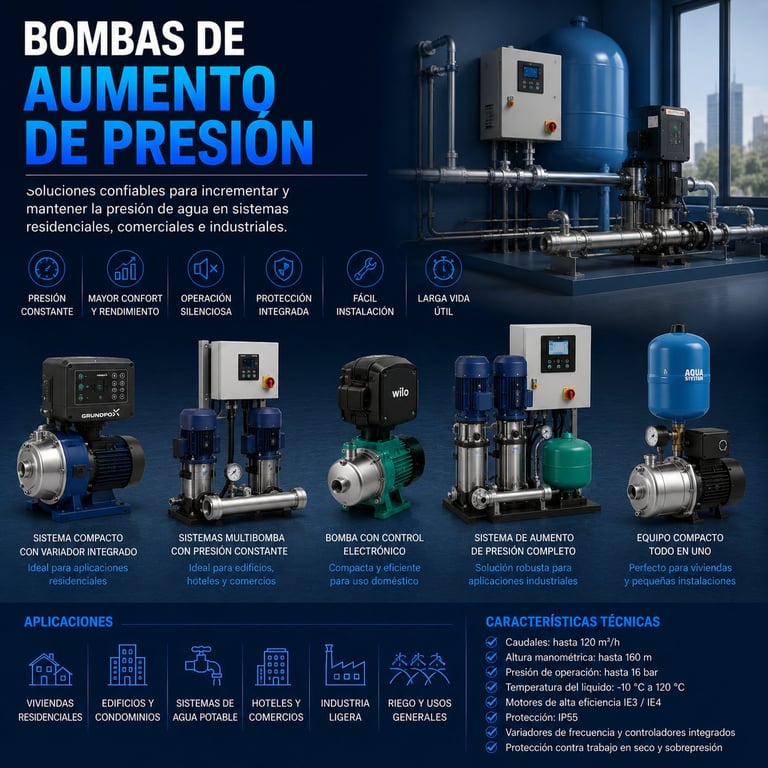 Pressure booster pumps product lineup showing various models with technical specifications and residential, commercial, and industrial applications displayed.