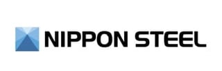 Nippon Steel logo with blue geometric shape and black text