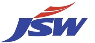 JSW logo featuring blue letters with a red curved swoosh accent above