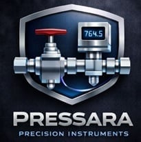 Pressara precision instruments logo featuring a shield with pressure gauge, digital display showing 764.5, and metal valve components