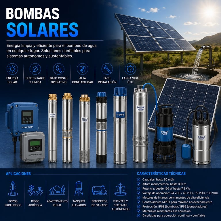 Bombas solares infographic showing solar-powered water pumps, panels, and system components with applications and technical specifications in Spanish.