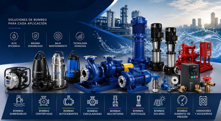 Industrial pump and motor equipment catalog displaying various blue and red pumps, motors, and mechanical components with manufacturing facility background