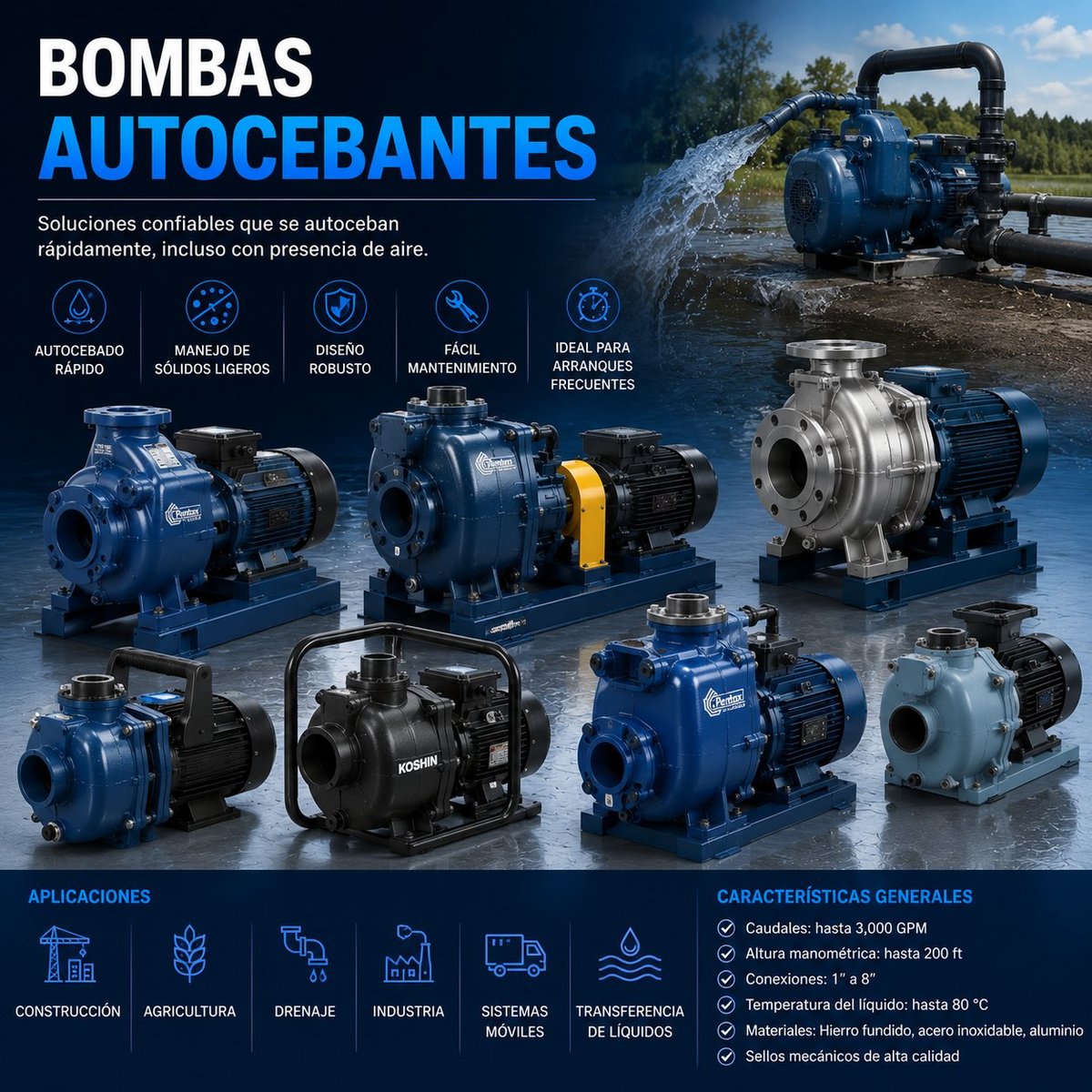 Catálogo de bombas autocebantes centrífugas azules para sistemas industriales de transferencia de agua