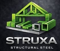 Struxa Structural Steel logo featuring a 3D green geometric house structure on dark background